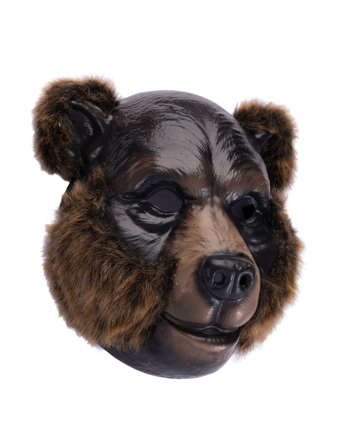 Masque d'ours brun en plastique avec fourroure, avec étiquette volante/étiequette